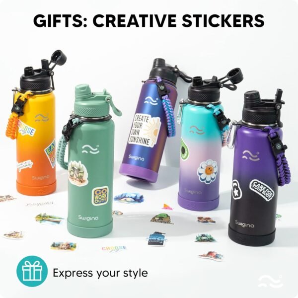 Swigina [2-IN-1 LID] Insulated Water Bottle with Silicone Boot (36hrs Cold/18hrs Hot) - DIY Stickers, Leakproof, BPA Free, 24 oz