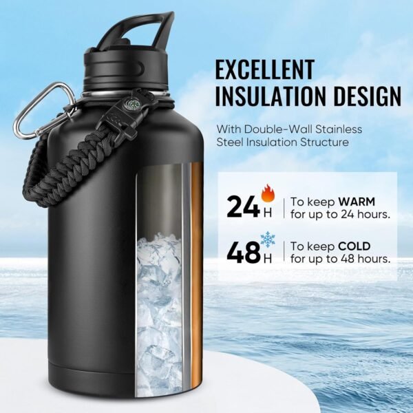 Fijinhom 24 oz Insulated Water Bottle with Handle, 304 Stainless Steel Water Bottles with Wide Mouth, Double Wall Vacuum Sports Water Bottle, BPA Free, Keep Cold and Hot, Black