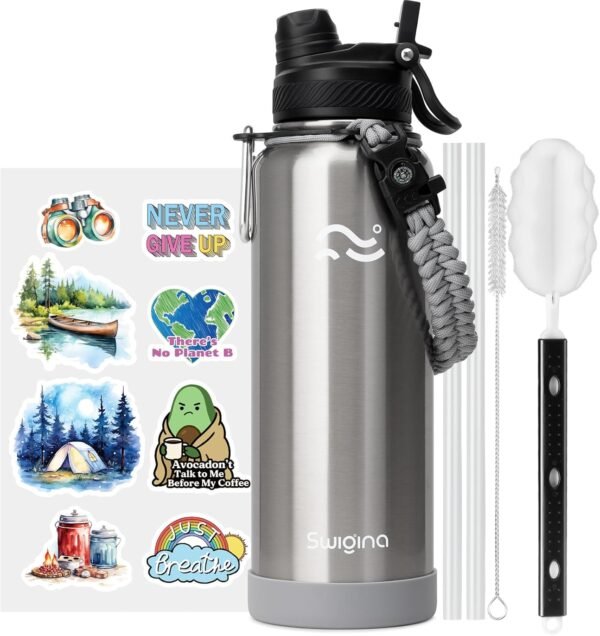 Swigina [2-IN-1 LID] Insulated Water Bottle with Silicone Boot (36hrs Cold/18hrs Hot) - DIY Stickers, Leakproof, BPA Free, 24 oz