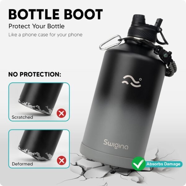 Swigina [2-IN-1 LID] Insulated Water Bottle with Silicone Boot (36hrs Cold/18hrs Hot) - DIY Stickers, Leakproof, BPA Free, 24 oz