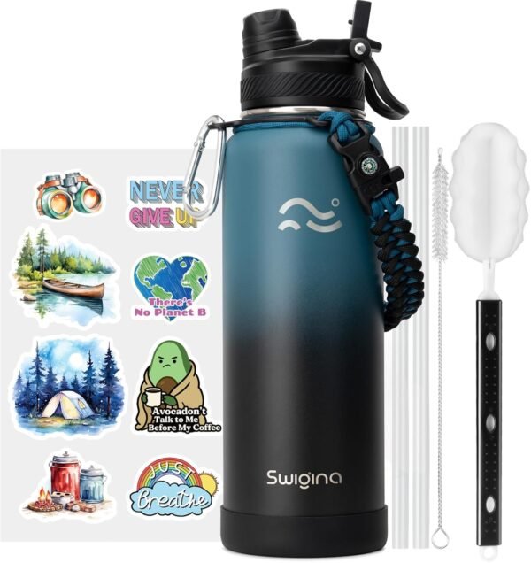 Swigina [2-IN-1 LID] Insulated Water Bottle with Silicone Boot (36hrs Cold/18hrs Hot) - DIY Stickers, Leakproof, BPA Free, 24 oz