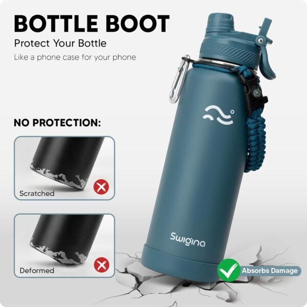 Swigina [2-IN-1 LID] Insulated Water Bottle with Silicone Boot (36hrs Cold/18hrs Hot) - DIY Stickers, Leakproof, BPA Free, 24 oz