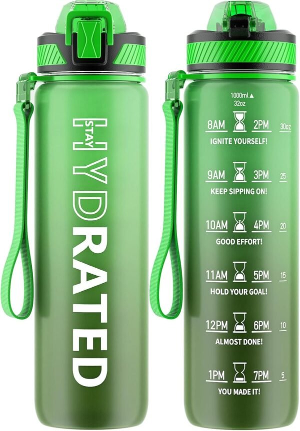 QLUR Water Bottle with Straw, 32oz Motivational Water Bottles with Time Marker to Drink, Tritan BPA Free, 1L Sports Water Bottle with Carry Strap LeakProof for Women Gym Fitness Outdoor (1 Pack)