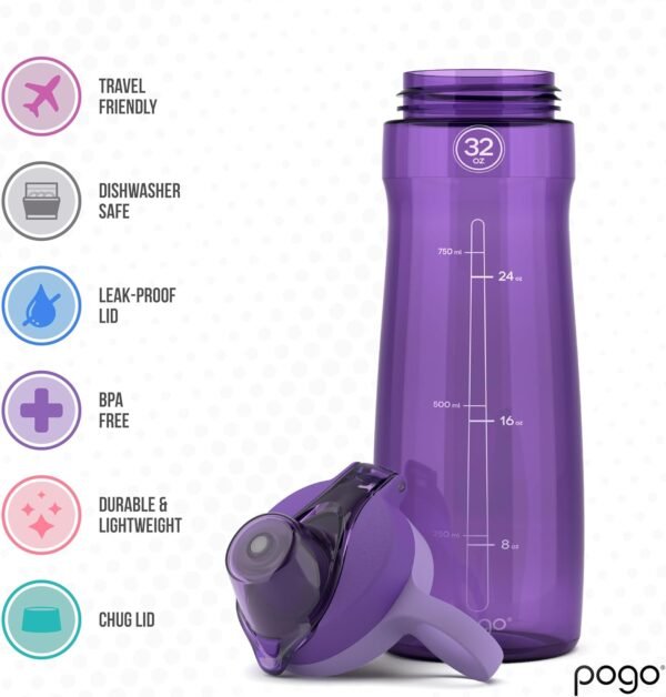 Pogo Plastic Water Bottle with Chug Lid and Carry Handle, Reusable, BPA Free, Dishwasher Safe, Perfect for Travel, School, Outdoors, and Gym | 18oz, 32oz, 40oz, 64oz