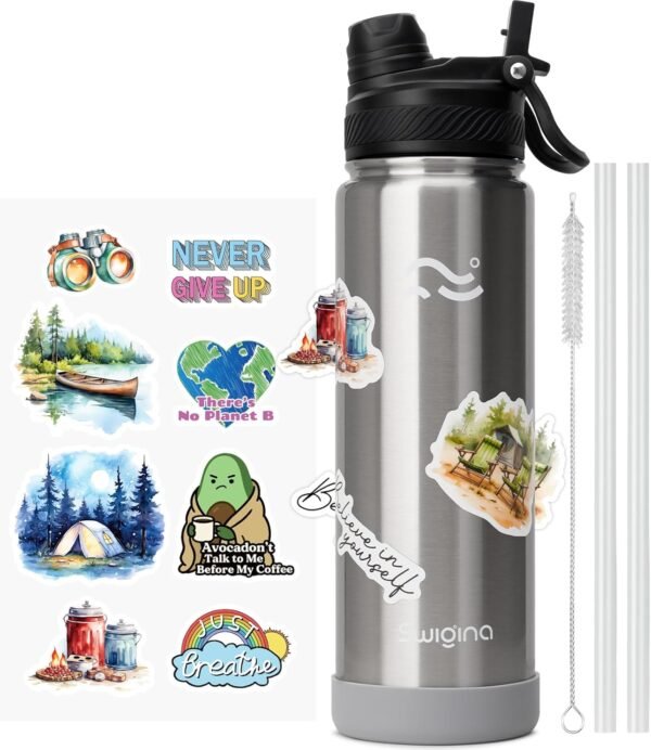 Swigina [2-IN-1 LID] Insulated Water Bottle with Silicone Boot (36hrs Cold/18hrs Hot) - DIY Stickers, Leakproof, BPA Free, 24 oz