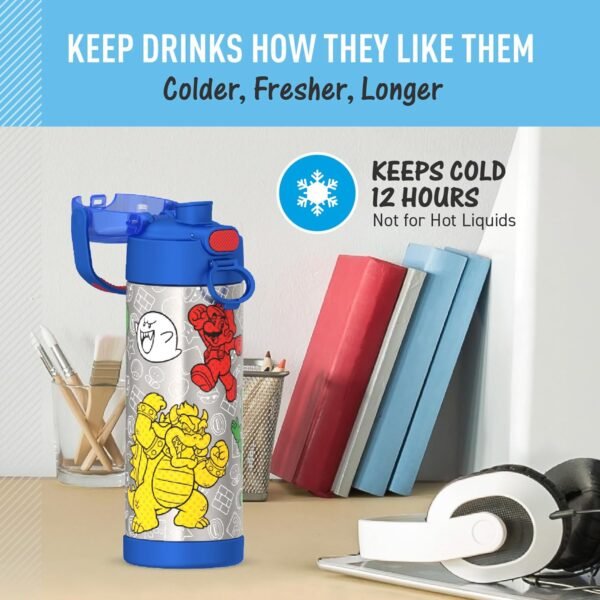 THERMOS FUNTAINER 16 Ounce Stainless Steel Vacuum Insulated Bottle with Wide Spout Lid, Galaxy Teal