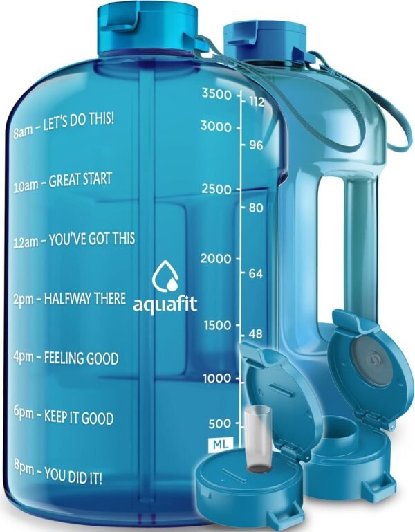 AQUAFIT 64 oz Water Bottle with Time Marker - Straw & Chug Lid - BPA Free Half Gallon Gym Water Bottle with Handle - Big Gallon Jug (Gray, 64 Ounces)
