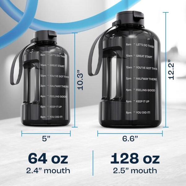 AQUAFIT 64 oz Water Bottle with Time Marker - Straw & Chug Lid - BPA Free Half Gallon Gym Water Bottle with Handle - Big Gallon Jug (Gray, 64 Ounces)
