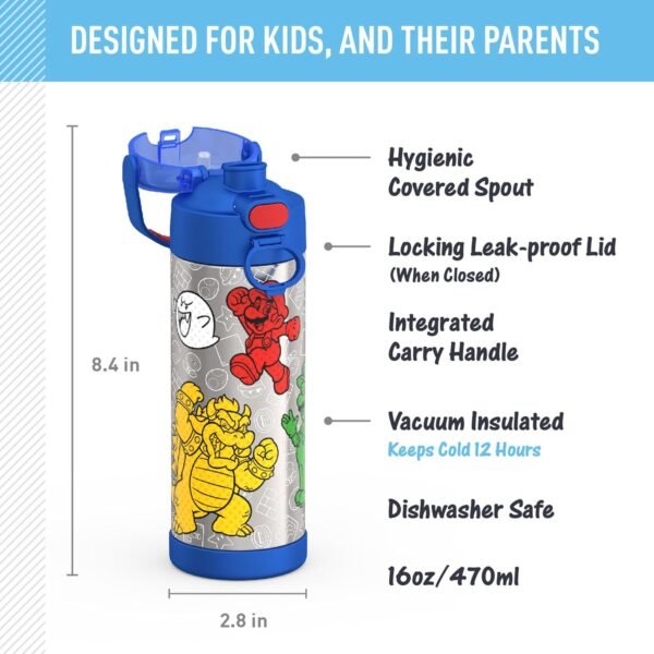 THERMOS FUNTAINER 16 Ounce Stainless Steel Vacuum Insulated Bottle with Wide Spout Lid, Galaxy Teal