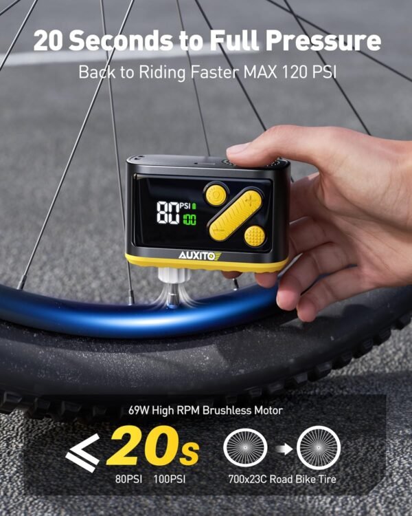 AUXITO Bike Pump, Mini Electric Bicycle Pump with Guage 20s Fast Inflate, 120PSI Bike Tire Pump with Presta & Schrader Valve Adaptor, Bike Accessories for Road Mountain Bike, E-Bike, Motorcycle