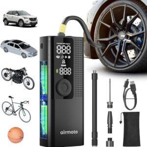 Airmoto Tire Inflator Portable Air Compressor - Air Pump For Car Tires with Digital Pressure Gauge, LED Light and Auto Shut-Off Function - Cordless Pump for Car, Motorcycle, Bicycle, Balls and More