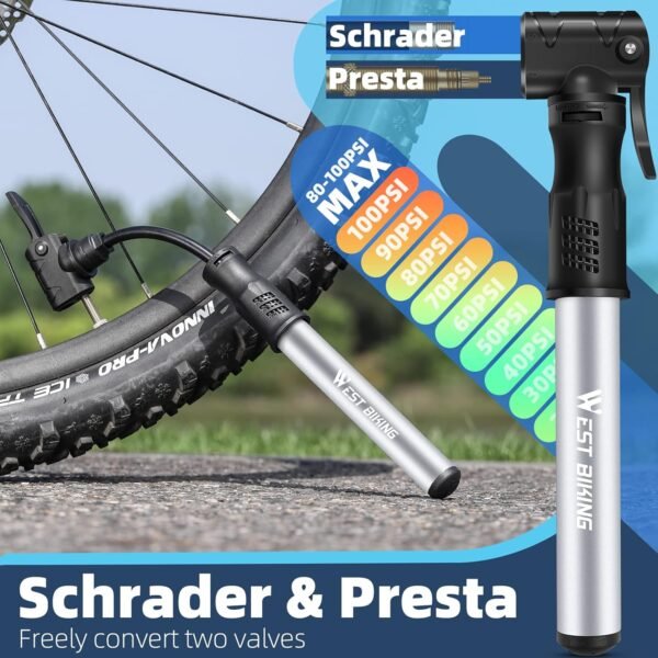 Bicycle Pump Mini Bike Pump - Aluminum Alloy Cycle Pump for Presta & Schrader Valve, Portable Lightweight Bike Tyre Pump Fast Tyre Inflation Mini Air Pump for Mountain Road Bike Ball Pump