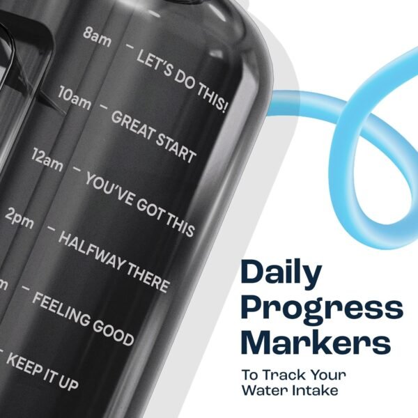 AQUAFIT 64 oz Water Bottle with Time Marker - Straw & Chug Lid - BPA Free Half Gallon Gym Water Bottle with Handle - Big Gallon Jug (Gray, 64 Ounces)