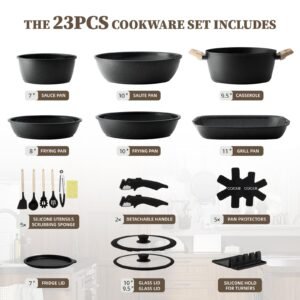 🔥🍳23-Piece Ceramic Cookware Set, Non-stick, with Detachable Handles, Suitable for Induction Cookers, Saves Space.