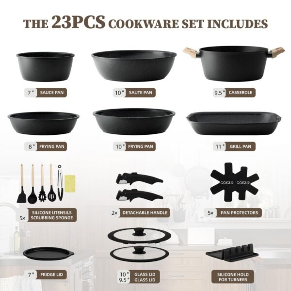🔥🍳23-Piece Ceramic Cookware Set, Non-stick, with Detachable Handles, Suitable for Induction Cookers, Saves Space.