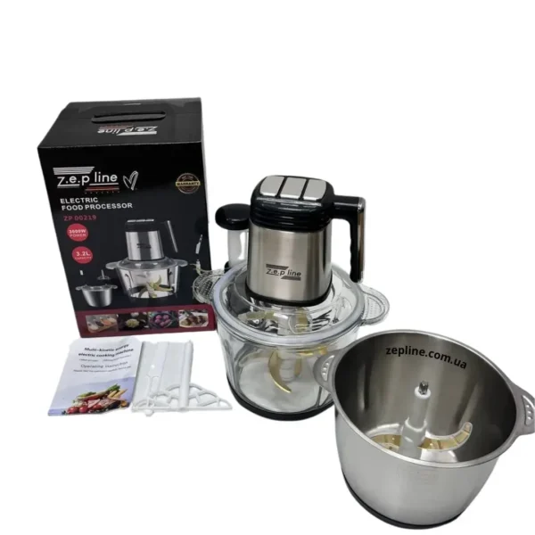 Блендер/подрібнювач Zepline ZP-00219 «Шість в одному» з двома чашами зі скла та нержавіючої сталі, об'ємом 3,2 літра, потужністю 3000 Вт.