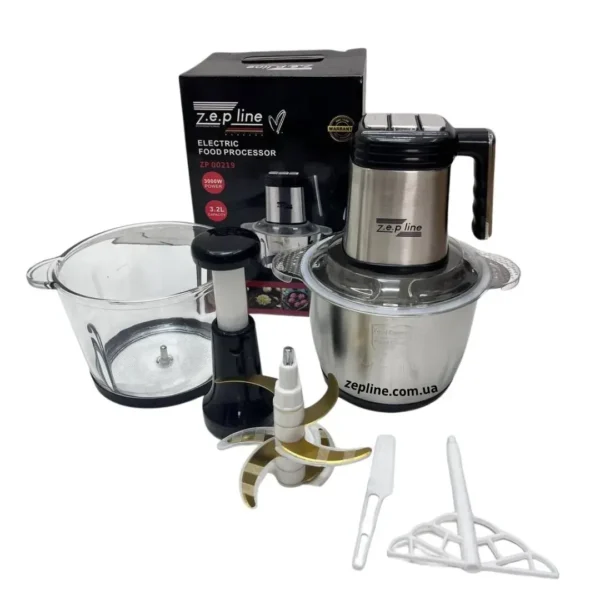 Блендер/подрібнювач Zepline ZP-00219 «Шість в одному» з двома чашами зі скла та нержавіючої сталі, об'ємом 3,2 літра, потужністю 3000 Вт.