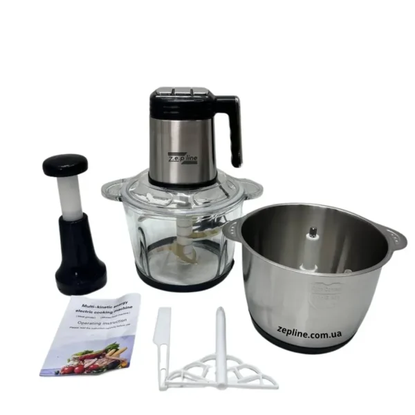 Блендер/подрібнювач Zepline ZP-00219 «Шість в одному» з двома чашами зі скла та нержавіючої сталі, об'ємом 3,2 літра, потужністю 3000 Вт.