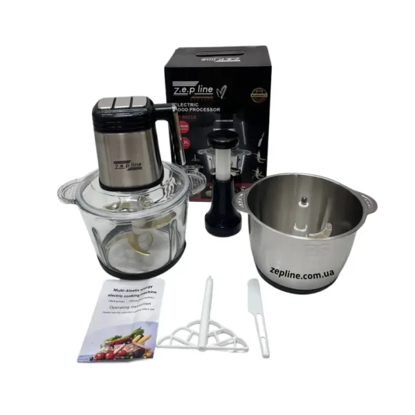 Блендер/подрібнювач Zepline ZP-00219 «Шість в одному» з двома чашами зі скла та нержавіючої сталі, об'ємом 3,2 літра, потужністю 3000 Вт.