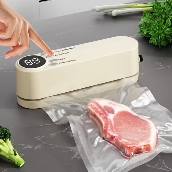 One automatic food sealer, USB powered, one-button operation, vacuum and gas filling modes, compact and portable design with digital display - for food preservation, suitable for kitchens, camping, etc.