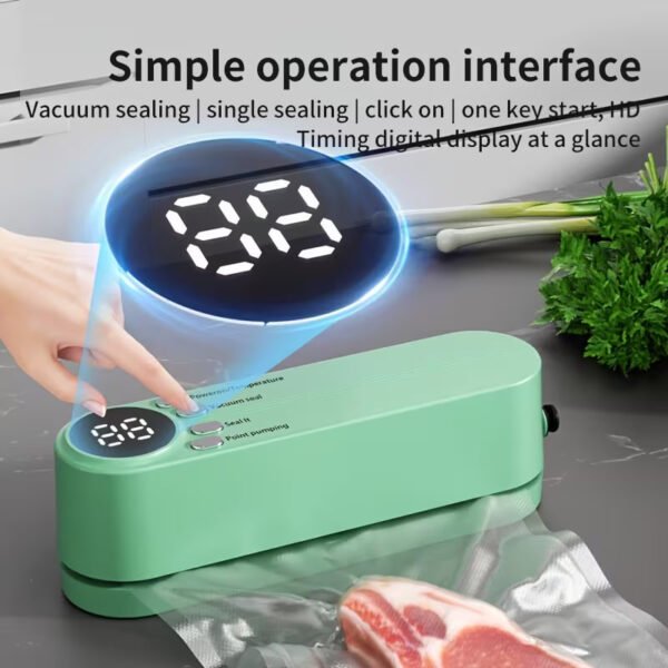 One automatic food sealer, USB powered, one-button operation, vacuum and gas filling modes, compact and portable design with digital display - for food preservation, suitable for kitchens, camping, etc.
