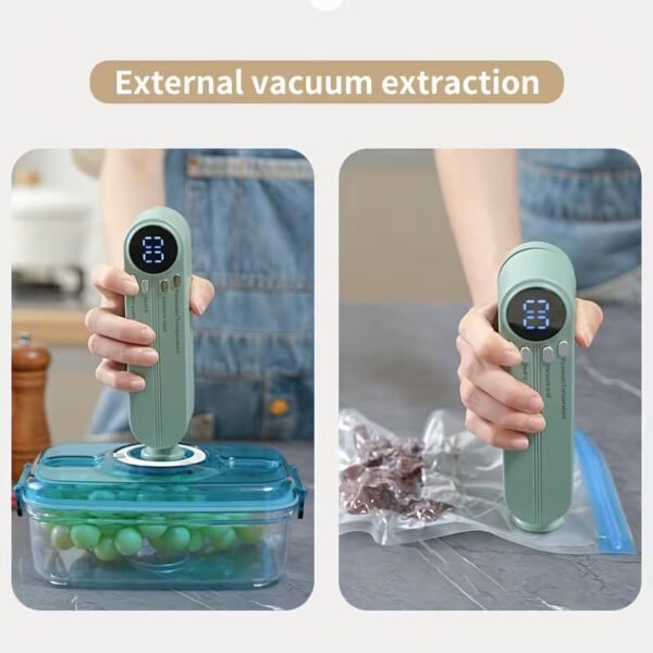 One automatic food sealer, USB powered, one-button operation, vacuum and gas filling modes, compact and portable design with digital display - for food preservation, suitable for kitchens, camping, etc.