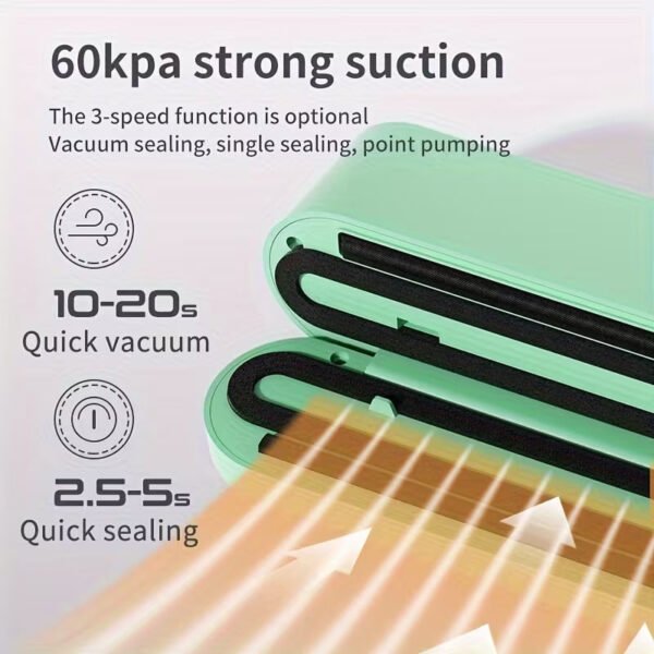 One automatic food sealer, USB powered, one-button operation, vacuum and gas filling modes, compact and portable design with digital display - for food preservation, suitable for kitchens, camping, etc.