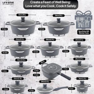 🍳Набір посуду з текстурованого граніту LIFE SMILE, 29 предметів - набір посуду з багатошарового антипригарного граніту, 100% без перфторфенолової кислоти, включає повний комплект посуду та сковорідок