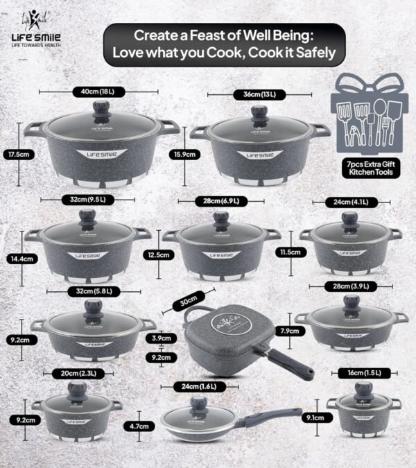 🍳Набір посуду з текстурованого граніту LIFE SMILE, 29 предметів - набір посуду з багатошарового антипригарного граніту, 100% без перфторфенолової кислоти, включає повний комплект посуду та сковорідок